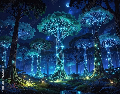 Surreal neural network forest at night, glowing AI tree branches data cables, technology nature concept