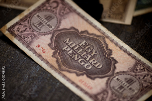 Vászonkép Vintage Hungarian 1 milliard pengo banknote from the hyperinflation era, showing ornate typography, aged paper texture, serial markings, and historical European currency design