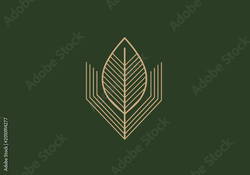 Quadro su tela Minimalist gold leaf and book logo on green background