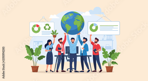 Sustainable Business Team Holding Large Globe for Corporate Social Responsibility and Global Ecology Concept Illustration