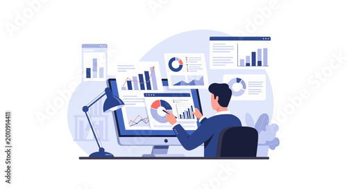 Businessman Analyzing Financial Data and Marketing Reports on Computer Dashboard, Flat Vector Illustration Concept for Business Analytics and Market Research