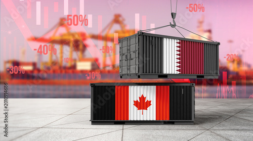 Obraz na plátně Global Trade Dynamics: Two shipping containers, representing Qatar and Canada, are suspended mid-air against the backdrop of a port, symbolizing global trade and economic concepts
