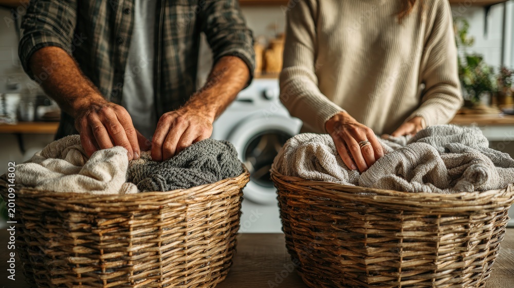 Obraz premium Couple Organizing Laundry Together. Two Individuals Work Jointly On Household Laundry Activities. Pair Actively Participating In Shared Household Responsibilities In Cozy Kitchen Setting