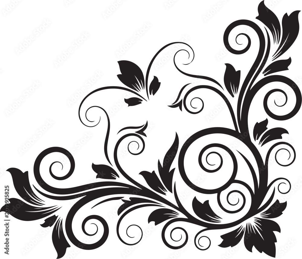 Fototapeta premium Black floral swirl design, ornate leaf pattern, vector illustration, decorative border element
