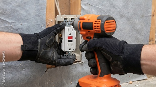 Close up of electrician using power drill to install gfci outlet in wall frame during residential home renovation project showing precise hands and professional safety gloves