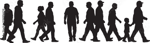 Diverse group of people walking in silhouette men women children moving together representing community urban life human diversity isolated vector illustration with white background