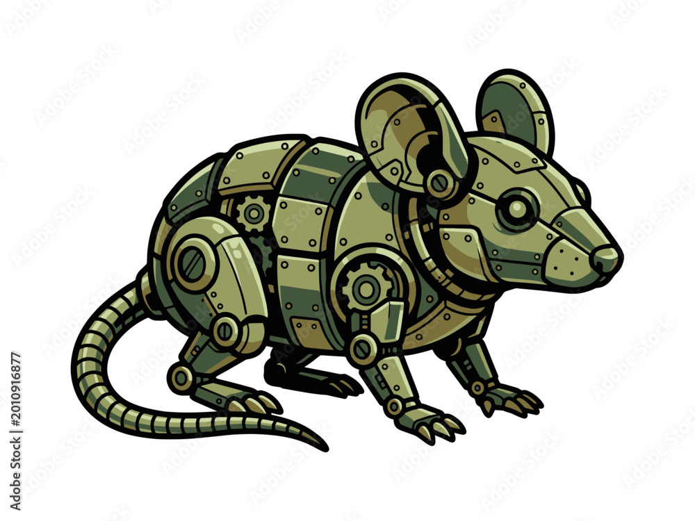 Fototapeta premium A detailed commercial vector graphic of a robotic rat featuring army green metallic plates, gears, and rivets in an industrial steampunk sci-fi style.