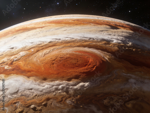A breathtaking close up view of a massive cosmic storm swirling on a gaseous planet with vibrant orange and white cloud formations under dramatic space lighting and a starry backdrop
