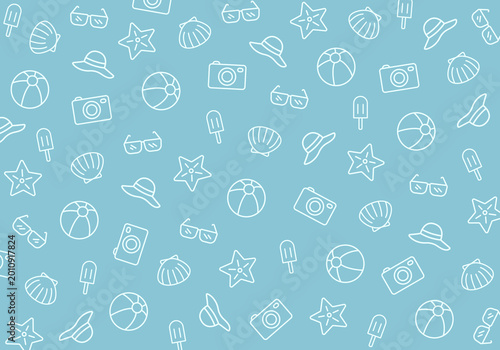 Beach outline seamless pattern. Beach ball, beach hat, camera, seashell, starfish, sunglasses and ice cream on teal background. Fun holiday vector pattern.