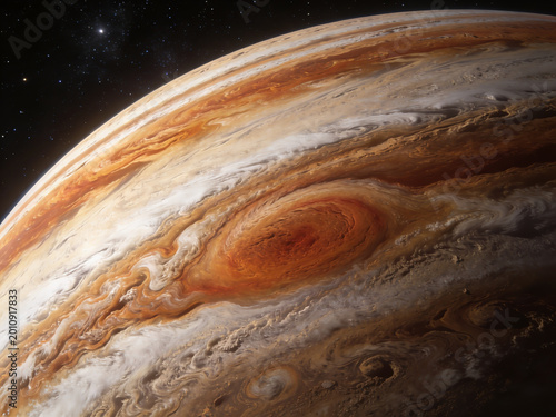 Majestic cosmic storm swirling in vibrant orange and white hues captures the awe inspiring power of a gaseous giant planets massive hurricane like vortex with intricate cloud patterns