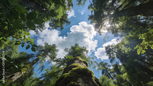 Majestic upward view of dense evergreen forest canopy bathed in bright natural sunlight filtering through vibrant green foliage against a breathtaking sky filled with fluffy white clouds
