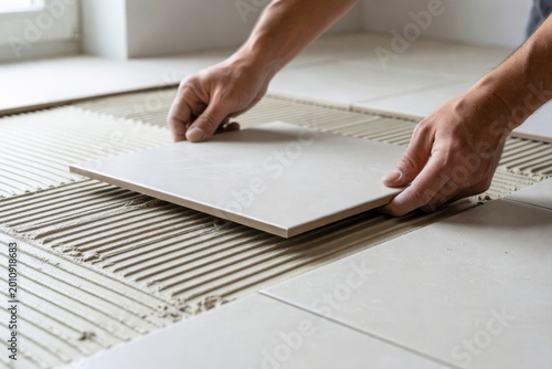 Hands of a skilled worker meticulously placing a light-colored tile onto a floor with fresh adhesive during home renovation.