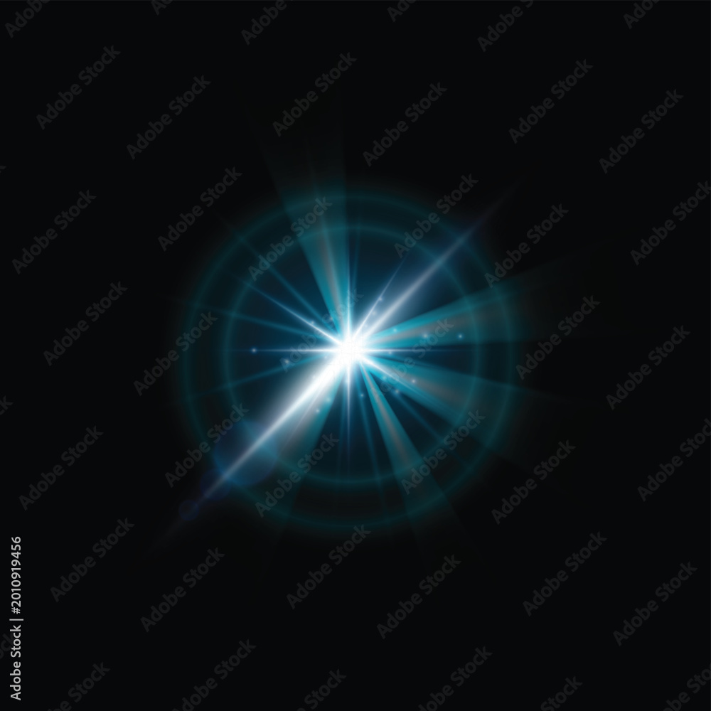 Obraz premium Cyan starburst with circular light rings and shimmering dust.