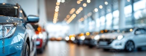 Car dealership showcasing a line of new automobiles indoors  