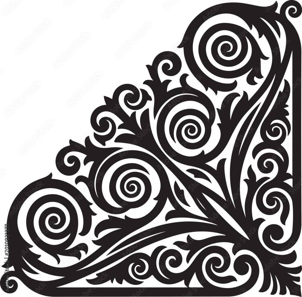 Fototapeta premium Ornate black floral corner border, decorative swirl design, elegant vector filigree, intricate leaf pattern