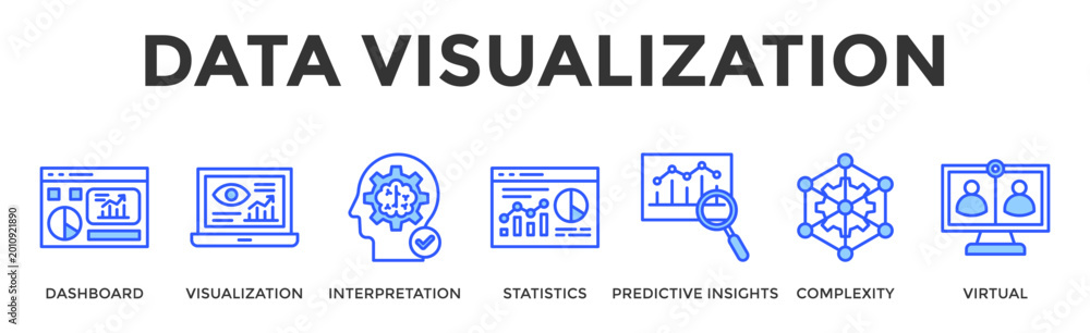 Obraz premium Data Visualization Banner Web Icon Set Collection Pack Vector Illustration Concept Containing Dashboard, Visualization, Interpretation, Statistics, Predictive Insights, Complexity, Virtual