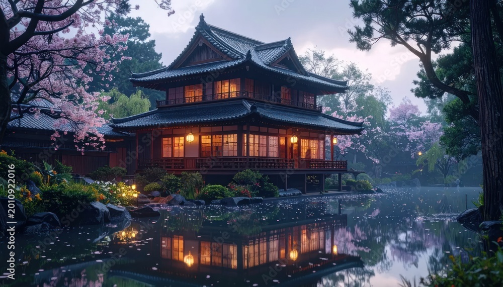 Fototapeta premium Tranquil Japanese Pagoda Reflecting in Serene Water Amidst Cherry Blossoms.