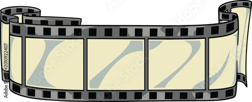 Cartoon curled film strip with blank frames, sprocket holes and gray black border, isolated on white background as a vintage movie graphic