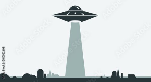 Tableau sur toile UFO hovering over city skyline, beam of light descending onto buildings, alien i