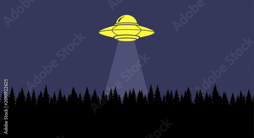 Quadro su tela Yellow UFO hovering over dark forest at night with beam of light