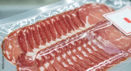 Closeup of vacuumpacked thin slices of cured meat, such as coppa or capicola, arranged in a row inside a clear plastic package, highquality food photography