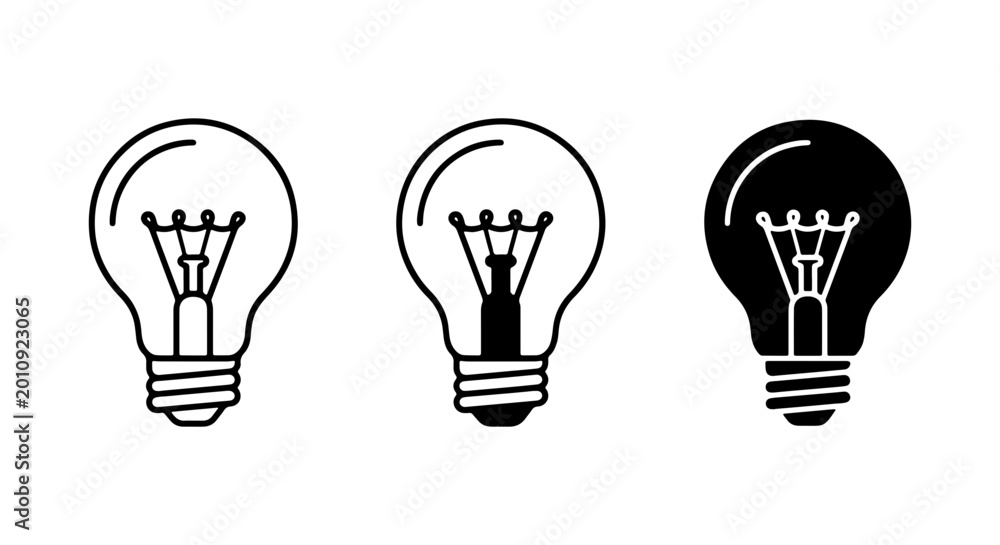 Naklejka premium Three Light Bulb Icons Black And White Line Art Set