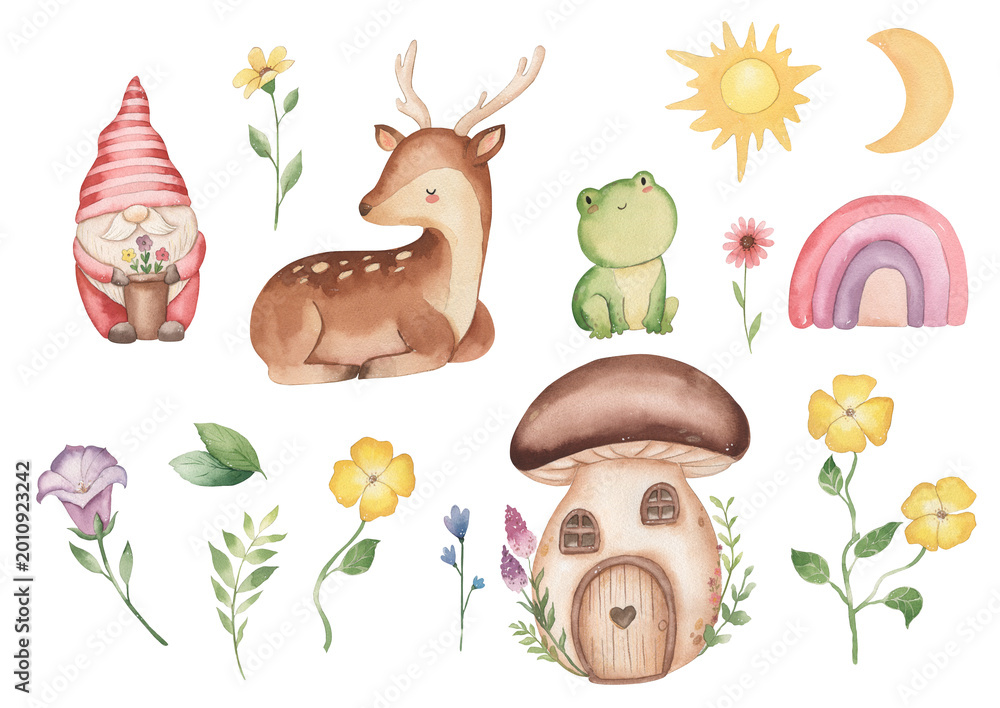 Naklejka premium Watercolor garden gnome, deer, frog, mushroom house illustration for kids