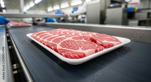 Raw beef steaks arranged on a white tray moving along a conveyor belt in a modern food processing plant