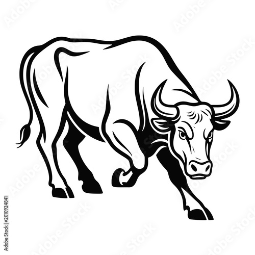 Powerful black and white illustration of a charging bull with muscular body and fierce expression, bold linework and strong stance on a white background, symbolizing strength and determination