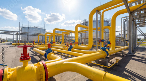 Complex network of yellow natural gas pipelines and valves at an industrial energy plant with large storage tanks under a sunny sky