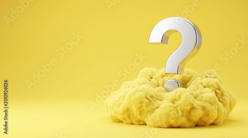Large white question mark symbol sticks out of soft yellow furry material against bright yellow background