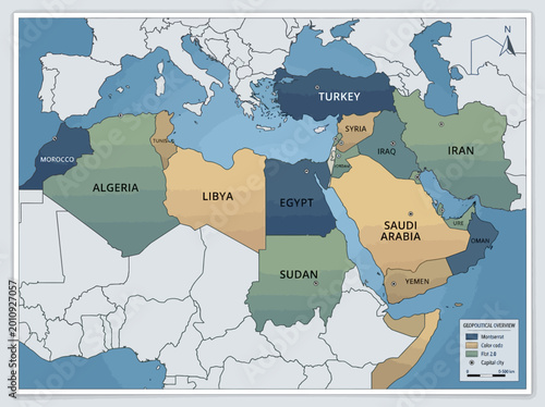 Bild auf Leinwand Geopolitical Map of the Middle East and North Africa MENA Region Highlighting Co