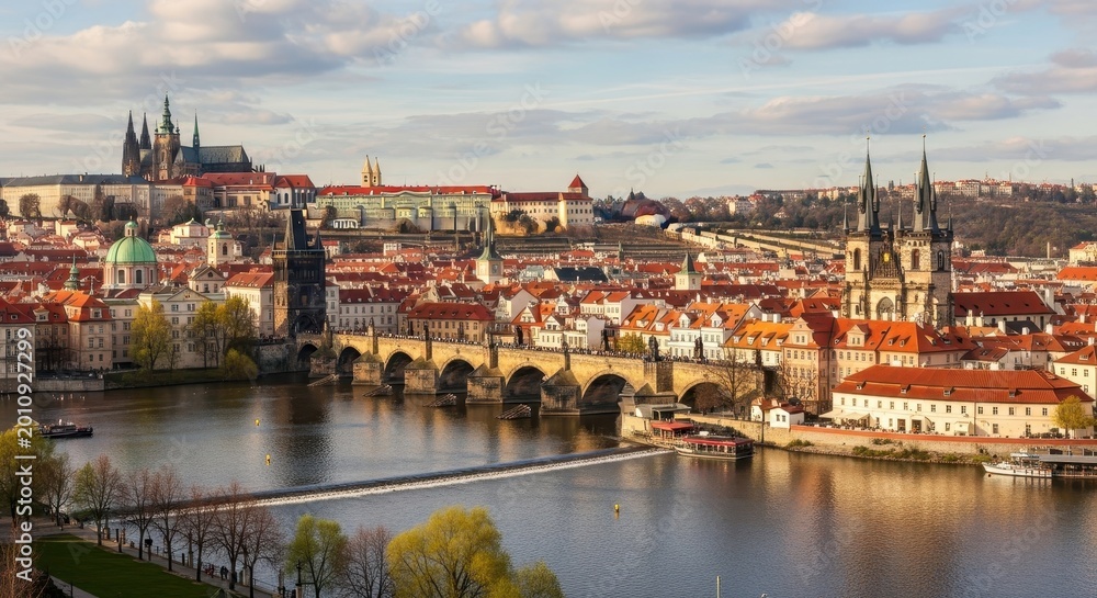 Obraz premium Scenic Prague Cityscape with Historic Architecture and River.