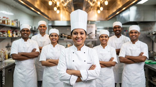 confident head chef stands with crossed arms in front of diverse, smiling kitchen team in busy commercial restaurant, conveying teamwork, professionalism, culinary expertise, hospitality service