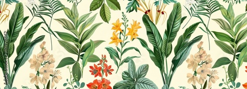 Tropical Floral Delight A vibrant display of lush tropical foliage and blossoming 