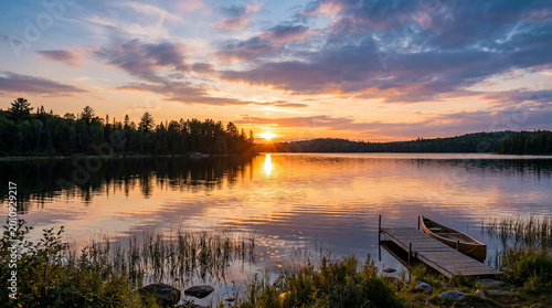 sunset on the lake. sunset over the field. peaceful lakeside sunset, low horizon sun behind distant trees, soft drifting clouds and golden reflections on calm water.