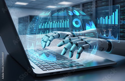 Robotic AI hand types on laptop surrounded by holographic charts, graphs, and data visualizations in server room. Conceptual technology image symbolizes artificial intelligence, machine learning