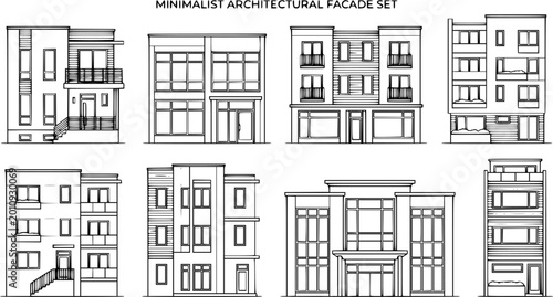 Minimalist architectural facade vector set, modern building fronts with windows, doors, balconies and structural details in thin line outline style isolated on white background