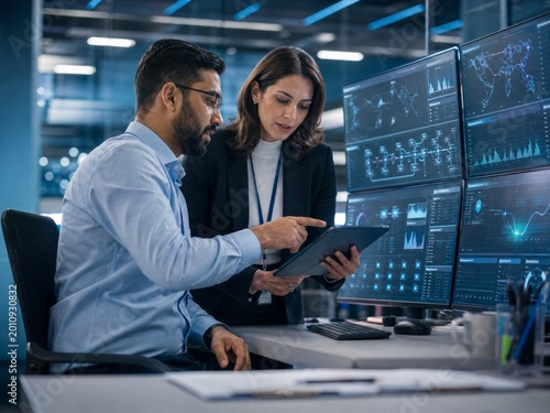 Cybersecurity analysts using tablet in security operations center, data monitoring and network protection concept