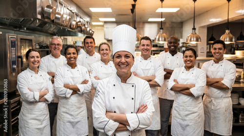 confident head chef stands with crossed arms in front of diverse, smiling kitchen team in busy commercial restaurant, conveying teamwork, professionalism, culinary expertise, hospitality service