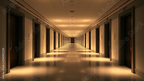 unimpressive. Endless corridor with identical numbered doors, symmetrical architecture. real-estate listings, architecture portfolios, designed for interior renovation comparisons for interiors.