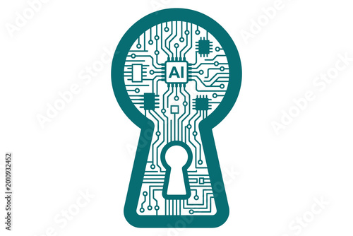 Fotografie Keyhole shape filled with a circuit board pattern and 'AI' text, symbolizing art