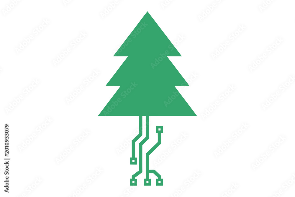 Fototapeta premium Green christmas tree with digital circuit roots christmas technology illustration abstract celebration computer