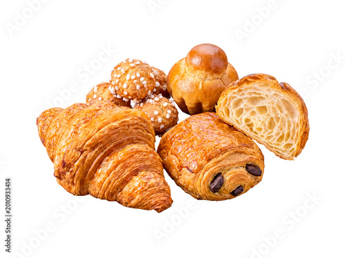 Assorted freshly baked French pastries including croissants, pain au chocolat, and brioche, isolated raster photo.