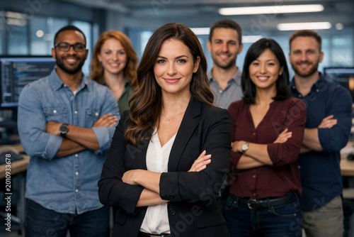 Confident female tech leader stands with arms crossed in modern office, leading diverse team of software engineers behind her, smiling at camera. Bright workspace, innovation, teamwork, and profession