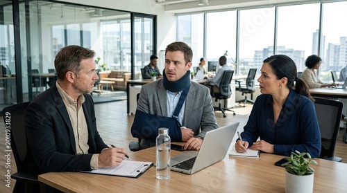 business people in a modern office meeting around a table with laptops, discussing strategy and collaborating with professional business attire in