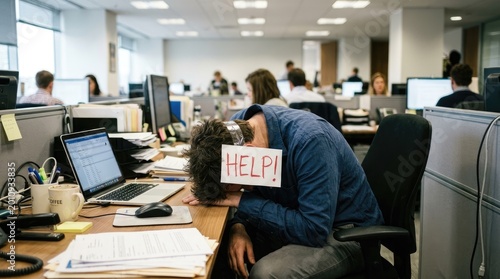 Stressed office worker collapses at desk, needing help, overwhelmed with work and exhaustion.