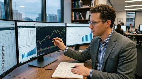 Man in suit pointing at a large digital display with charts in a modern office, using business software while collaborating at a desk