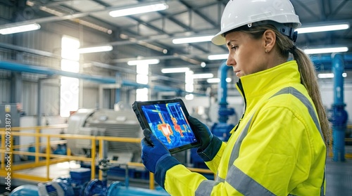 Worker in high-visibility clothing using a tablet in a manufacturing facility with industrial machinery in the background