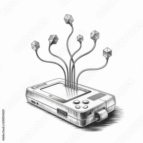 Conceptual pencil drawing of a vintage handheld gaming console with wires sprouting like branches